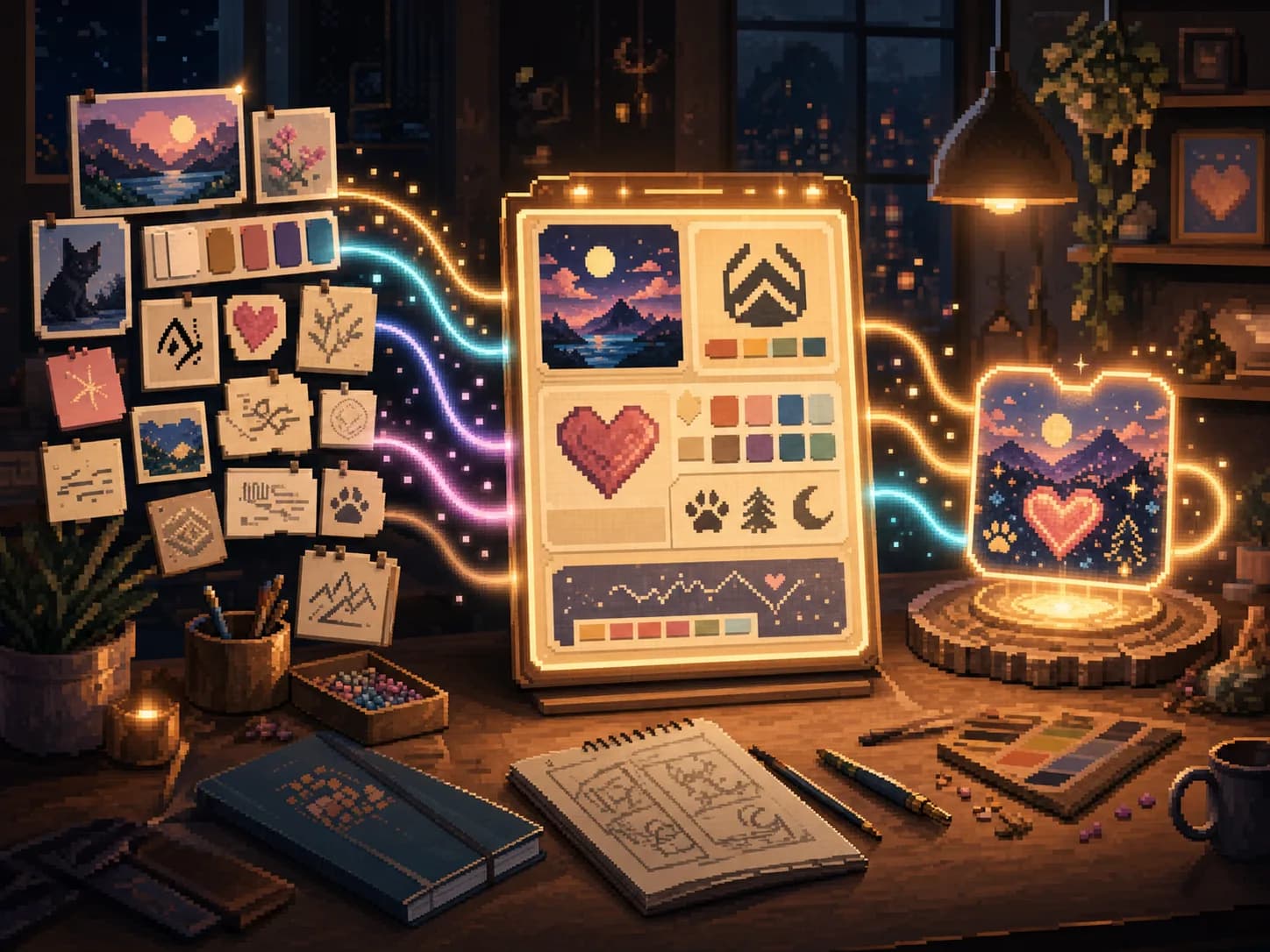 Pixel-art-inspired PixelMeWorld personalization workspace illustration showing photos, art, symbols, and color notes becoming a glowing creative proof.